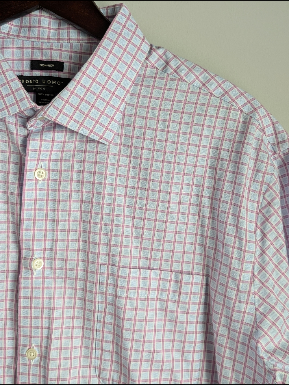 Pronto Uomo Non-Iron Dress Shirt Mens 17.5 34/35 Pink Blue Plaid 100% Cotton